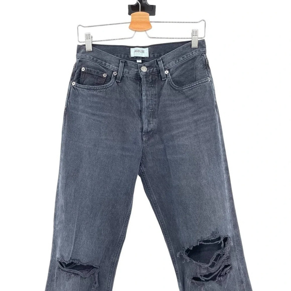 Agolde Lana Straight Jeans Disorder Wash Denim Distressed Charcoal Black Size 27 - Picture 3 of 9